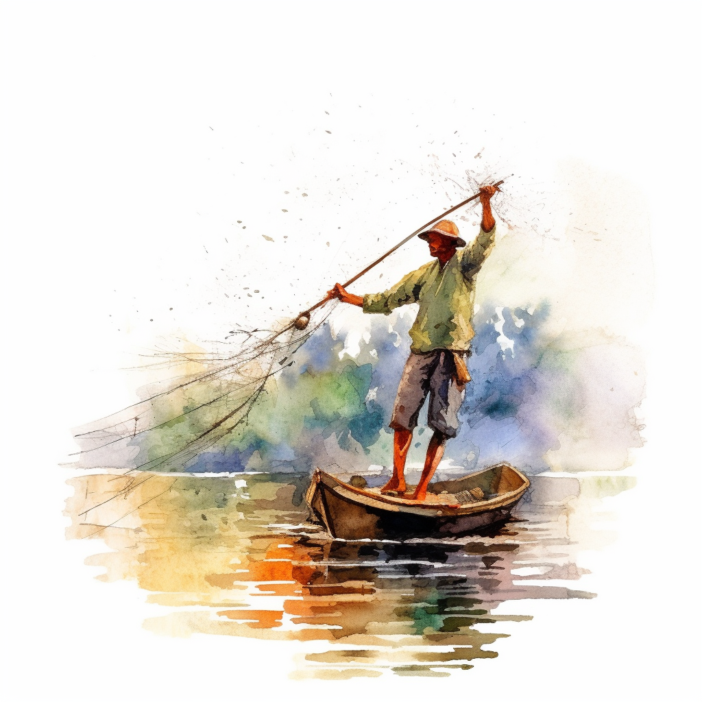 a fisherman from the river bank throws a fishing net into the water  realistic detailed, watercolor clipart, vibrant colors, white background -  Clip Art Library