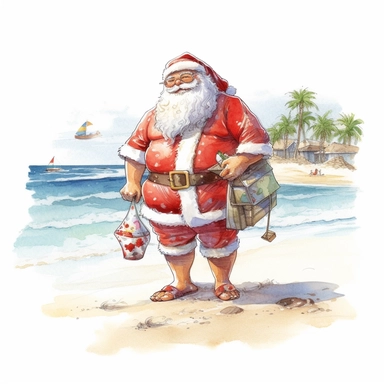 Watercolour of a santa on the beach , Clipart,Cartoon,hyper realistic, intricate detail isolated on a white background, high quality, sublimation, detailed, cartoon style