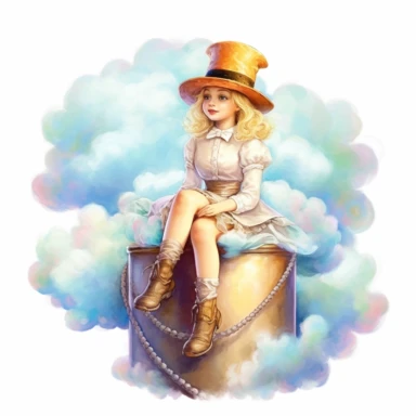 adorable little vintage blonde whimsical girl in a cylinder hat sitting on a magical cloud made of a colorful marmalade, face looking straight, full body, clipart style, accurate details, oil painting technique, super high quality, professional watercolor clipart, high resolution
