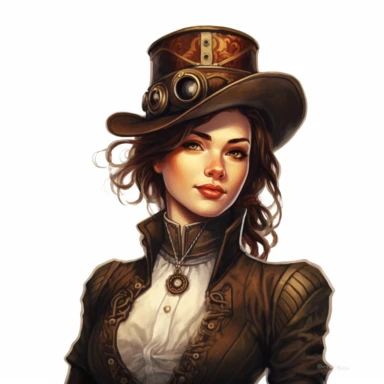 Solid white background. Waist-up illustration of a determined steampunk woman, her intense gaze and resolute smile reflecting her strong determination. Her fair skin and chestnut brown hair beautifully contrast her attire in shades of bronze and deep brown, a testament to Victorian elegance and steampunk aesthetics. Instead of a hat, she wears a sleek headband adorned with industrial motifs. The background lacks any steampunk elements. Pastel clipart, hyper-realistic, retro-futurism, solid white