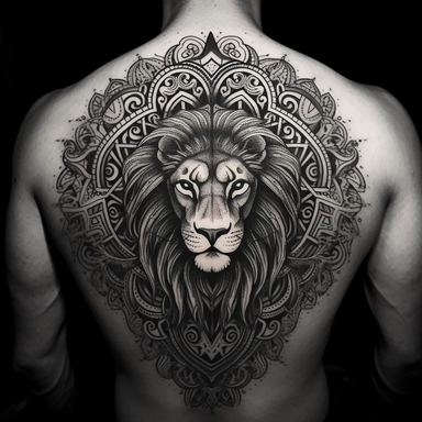 Design a majestic, black and white graphic tattoo that takes inspiration from the Persian 'shir-o-khorsheed' emblem. Feature a lion, standing fearless and calm, bathed in the glow of a radiant sun. The lion's features should be intricately detailed, a symbol of strength and authority. Ensure the sun's rays are bursting forth, giving the impression of a bright future and unfaltering optimism. Intertwine a Shamshir sword into the design, an emblem of courage and valor, perhaps held proudly by the 