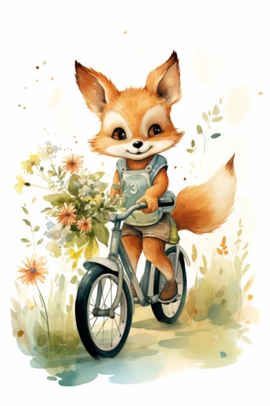 cute fox cartoon in bike flowers in watercolor, in style of book illustrated, nursery drawing, clipart