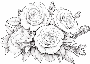 b&w lineart, white background, picture, coloring book style, only draw outlines, clean coloring book page, No dither, no gradient, strong outline, No fill, No solid, Roses Floral Bouquets clipart