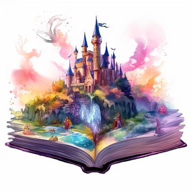 a watercolor fantasy book clipart, the book has a castle and forest on it, in the style of technicolor dreamscape, swirling vortexes, nightcore, dissected books, disney animation, symbolic images, whimsical portraits, dark color scheme