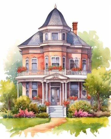 Watercolor clipart huge victorian house with conical roof, with lush garden, realistic, isolated on white background
