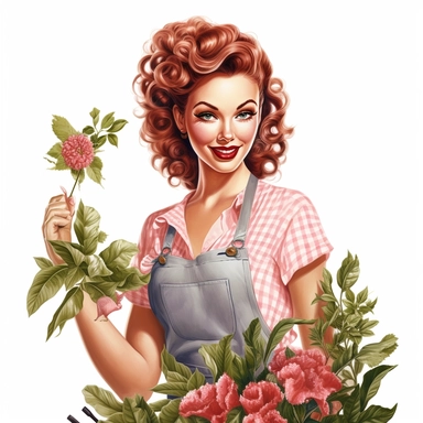 beautiful pretty pin up woman, makeup and hair 50's style, diferent cleaning poses,gardener dressed, plants in her hands, and a lace on her hair, all in 50's style, paint art style, detail, clipart, white background, superrealistic, one of a kind