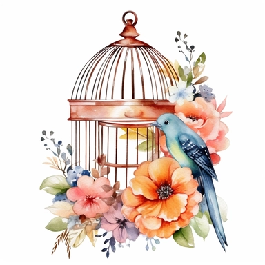 A boho-style birdcage clipart, white background, watercolor drawing