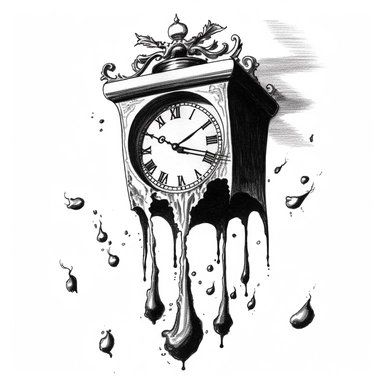 a bent melting clock, Joe Crabtree 90s clip art, black and white