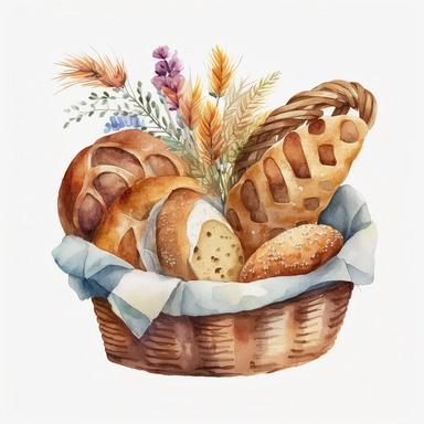 basket of artisan bakery bread, watercolor, cute, white background, clipart