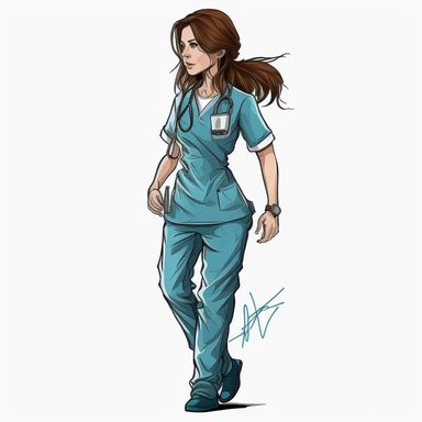 Caucasian Nurse girl ,brown hair, Clip art, hand drawn, cartoon, concept art, full body, back shoes, blue scrubs, V neck scrubs ar 2:3, white background, stethoscope around neck