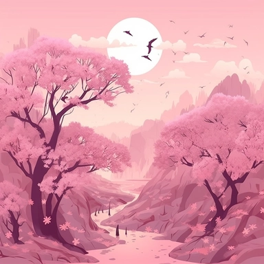 vector illustration of Spring Cherry Blossom trees landscape in pink pale background surreal, fairytale ascent clipart.