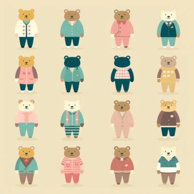 A modern, simplistic illustration showing a cute Teddy Bear with fashionistic human outfits in Cliparts. The illustration should be in a playful flat design style. Make sure there is no use of shading, tone or texture. The illustration should have a simplified, streamlined appearance. The illustration should be well-suited for use in digital or print media, such as infographics in white background.