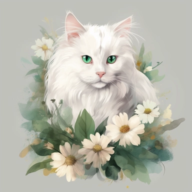 white fluffy cat with lillies in flower and green foliage, Clipart pastel, style is watercolor, soft face, Adorable, Charming , Endearing , fluffy, Furry, Gentle, innocent Playful, Precious, soft, Sweet, Tender, Whimsical, 4k