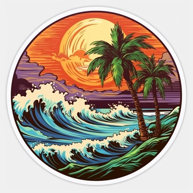 a sticker, artwork of t shirt graphic of majestic palm tree in digital painting style , beautiful flowers, sunrise mountains and clouds , big sea waves, water splashes, white background, colorful fantasy flower sorround, highly detailed clean, vector image, photorealistic masterpiece, professional photography, realistic, flat white background, isometric, vibrant vector, clipart, illustration, realism, 4k, , cinematic, front view, white background,