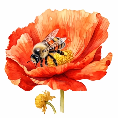 watercolor honey bee collecting resting on a red poppy flower clipart, on isolated white background, H