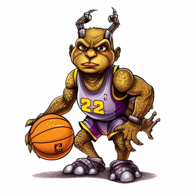 Original LA lakers, Lebron as funny animals playing basketball. Comic Design 3d clipart with black contours. White background