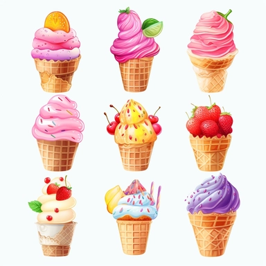 clipart illustration set ice cream cone, sundae, banana split, popsicle, pastel colors, isolated, no background, hd