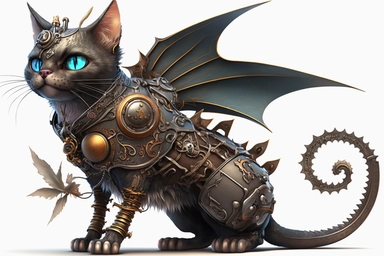 clipart, A beautiful cat with a steampunk-style mechanical bat on its back, hd, on white background,