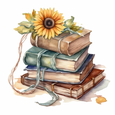 watercolor clipart of beautiful pastel old pile of books wrapped wiith cords and sunflowers ornament, vintage style