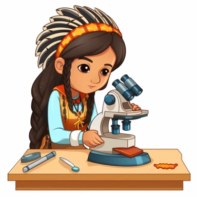 Clipart of a student wearing a Native American-inspired costume using a microscope, white background