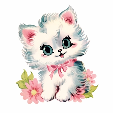vintage Hand painted clipart of a pastel kitten with long eyelashes and rosy cheeks, playful and animated, in the style of vintage nursery kitsch Lefton, retro midcentury 1950’s, white background, contour