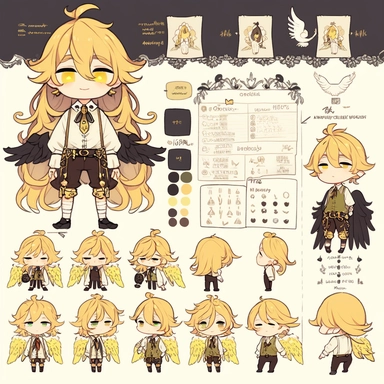character sheet, knoling, clipart, inventory catalog, cute chibi character, golden wavy long hair, long bangs, yellow-green eyes, flat chest, beautiful young boy, gothic, frill, lace shirt, high West brown shorts, yellow bird, mimosa, yellow jewelry, ribbon