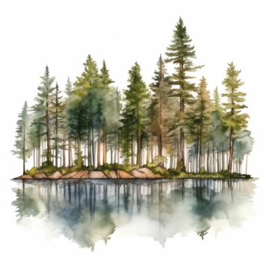 A watercolor painting of beautiful Lakeside Pine Trees Clipart by the best 10 artists in the world, isolated on white background, no text,