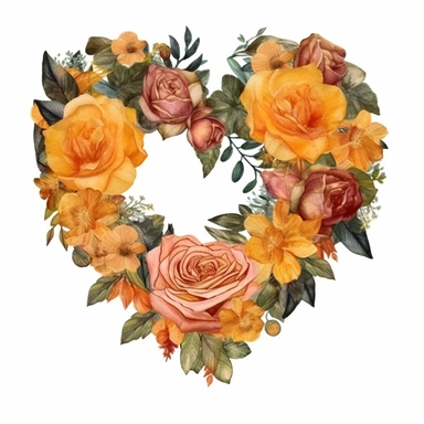 isolated detailed floral yellow to dark orange ring in a shape of a heart, watercolor clipart, white background