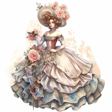 watercolor, pastel colored, Victorian Rococo Queen in the style of digital airbrushing, realistic yet stylized, digitally enhanced, elaborate dresses with flowers and bows, 32k uhd, detailed crosshatching white background, clipart