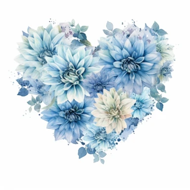 a heart shape made with soft blue and pastel blue Dahlia flowers, wet on dry watercolour style, dark gothic antique look, clipart, white background