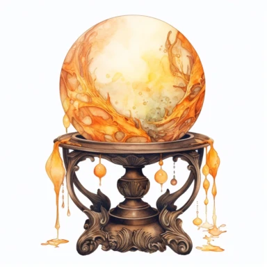 a beautifully illustrated large witch's crystal ball on a pedestal, magical orange, yellow , and brown colors, celestial , detailed realism intricate , watercolor, octane render, Pre-Raphaelitism,hyperrealism, retro intricate details lines ,illustrated by Mima Jovanov and CJ Hendry, white background, siimple details, clipart