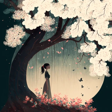 in the style of Ryo Takemasa, xuan loc xuan, Lisa Audit, Anastasia Suvorova, Jon Klassen, greg tocchini, single lady under sakura tree at night, fantasy, limpid, magical, mysterious, white background, vector, clipart, elaborate, ultra-detailed, best quality illustration, vibrant colors, high definition, UHD
