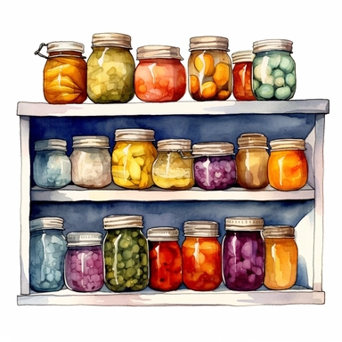 watercolor, hyper realistic, white background, white margins, 16k, ultra detailed clipart, cut out image, hand-drawn a kitchen window with shelves holding jars of homemade preserves and jams. in the style of colorful ink wash paintings, charming character illustrations, piles/stacks, creative commons attribution, digital painting, barroco