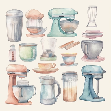 Create a set of watercolor clipart images depicting various kitchen tools and appliances, such as pots and pans, mixing bowls, blenders, and toasters. Use a pastel color scheme with soft, subtle hues, white background