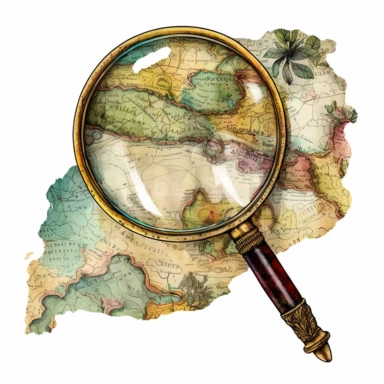 vintage magnifying glass and map, watercolor, clipart, white background