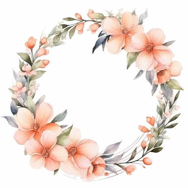 watercolor clipart of a empty suttle dainty floral circle frame surrounded by peach color flowers and cream color flowers. Capture the essence of blooming beauty and intricate details in your artwork, white background