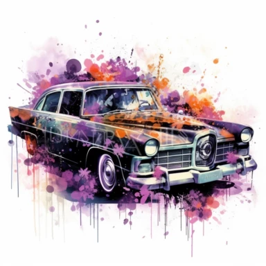 A stunning old retro car takes center stage in a Tron-inspired landscape, Limousine retro car, clipart, floral, watercolor splash, lavender. The classic car boasts futuristic modifications, including neon accents and sleek digital paneling, merging the elegant lines of the vintage vehicle with the high-tech aesthetics of the Tron universe, white background, splash