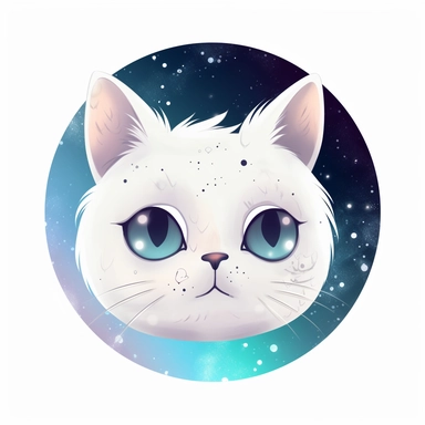 5th dimensional galaxy white sad cat, 8k, cosmos, white background, looking at me, clipart, cartoon style, round portrait surrounded by stars