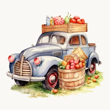 easter basket watercolor clipart & clip art, in the style of light red and dark gray, narrative paneling, classic american cars, uhd image, hand lettering, depiction of rural life, wood