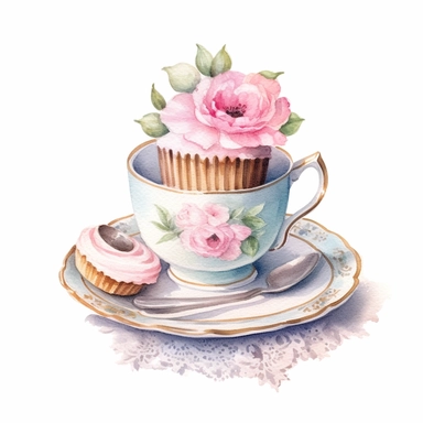 Clipart, Watercolor, Floral Shabby Chic Tea Cup with saucer, sweets and cake, light colors, hand-draw, texture