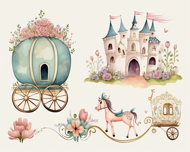 watercolor, pastel, cute, adorable, flowers, carriage, castle, isolated from each other, clipart vector collection, beautiful details, no outline, white background, high resolution