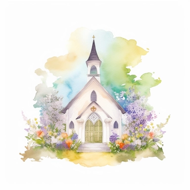 watercolor painting of wedding chapel clipart on plain white background, painted in the style of chiho aoshima