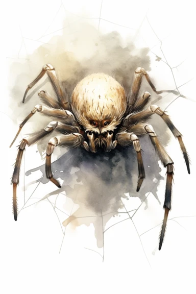 A spider web with a large, hairy spider lurking inside, watercolor illustration, spooky clipart, white backround, no shadow