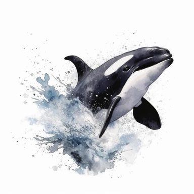 Energetic black and white killer whale jumping out of water, watercolor, clipart, on isolated on white background.