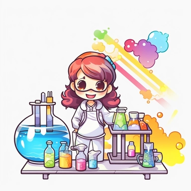 kawaii japanese style rainbow science lab filled with bubbling test tubes, beakers, and a quirky scientist conducting experiments with funny results, Best quality, 8K, HD, white background, no background, sublimation file, png, 2d, Cute kawaii style, vector clipart, no watermark