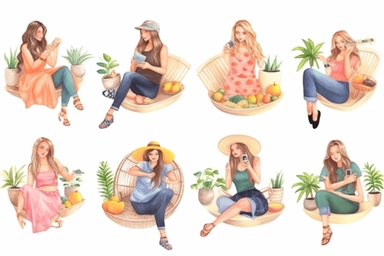Summer Girl Watercolor Clipart Bundle concept, watercolor illustration white background for removing background