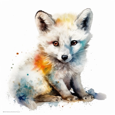 please create watercolor clipart of a baby arctic fox facing to the right and smiling, face close view, colorful