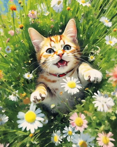 a distant view smiling with big eyes kitten Lying down with belly up in a field full of wildflowers and grass, looking up at the sky top view, drone shot, high quality, ultra detail, 8k, megapixel high sharpness watercolor painting by impressionist artists with a delicate touch with white background for clipart 8k ultra detail high sharpness ultra detail