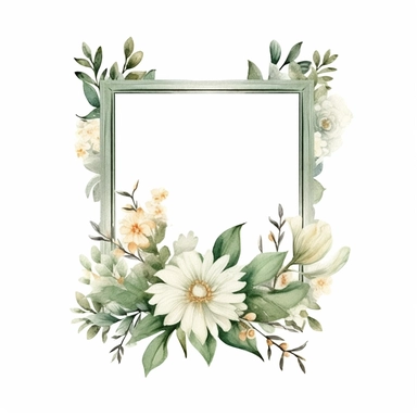 watercolor clipart of a empty suttle dainty floral rectangle frame surrounded by sage green color flowers and ivory color flowers. Capture the essence of blooming beauty and intricate details in your artwork, white background