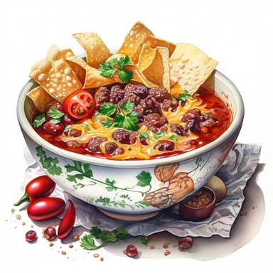 watercolor, hyper realistic, white background, white margins, 16k, ultra detailed clipart, cut out image, hand-drawn, whimsical A steaming bowl of chili, with chunks of tender beef, kidney beans, and diced tomatoes, garnished with shredded cheese and fresh parsley. Warm tones of red, orange, and yellow create a cozy atmosphere.